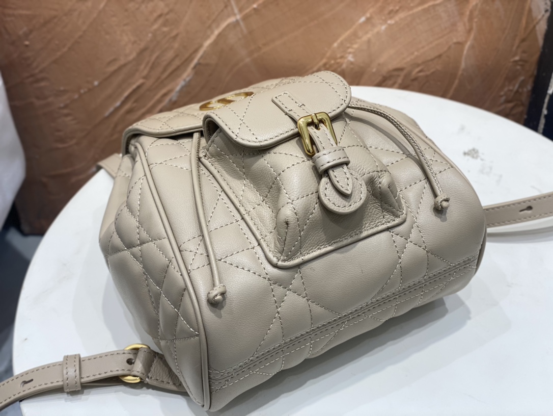 Small Dior Caro Backpack Powder Beige Macrocannage Lambskin